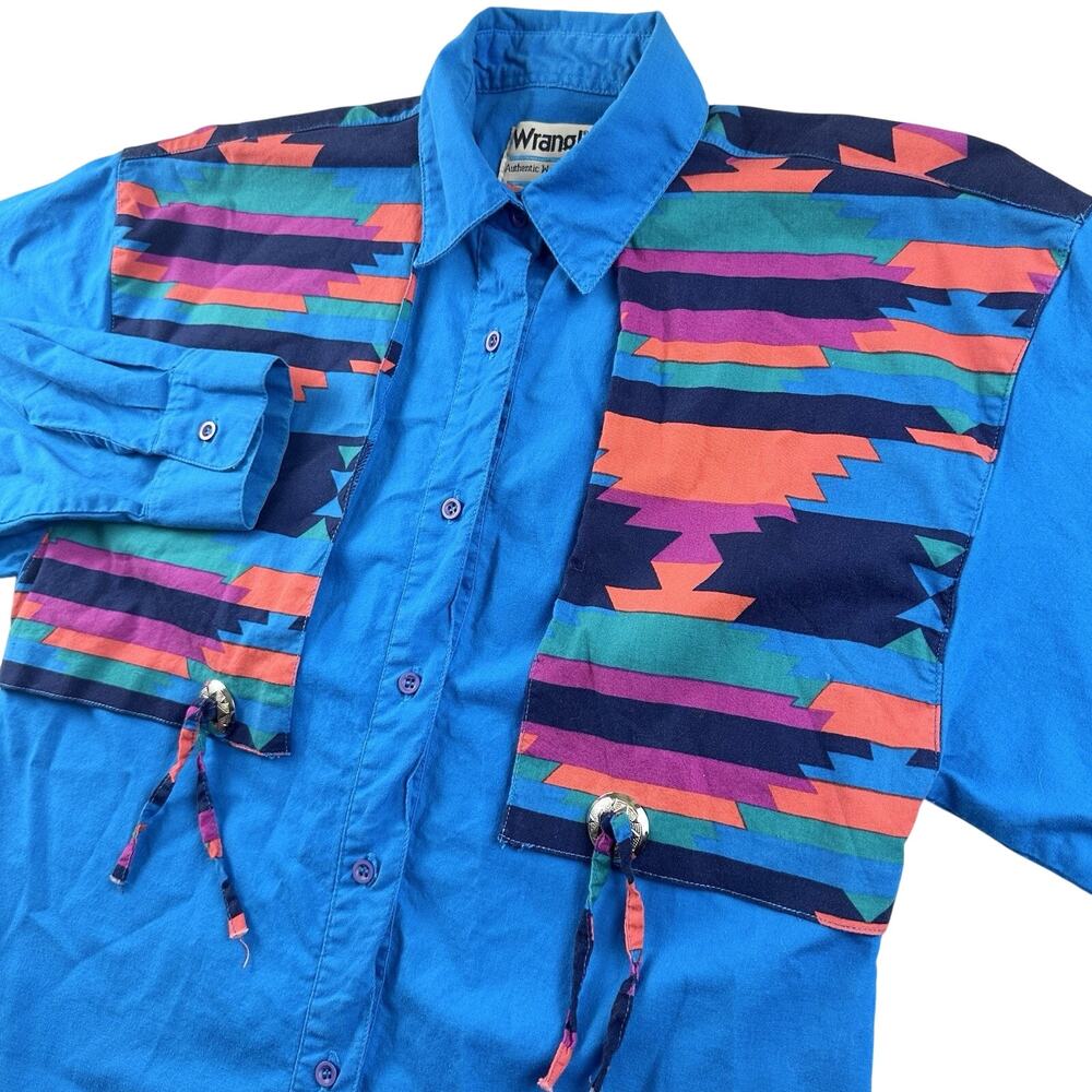 Vintage‎ Wrangler Aztec Womens Turquoise Small Rodeo Shirt 80’s 90’s Cowgirl
